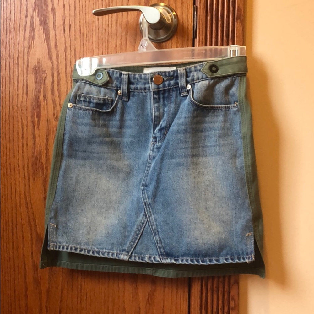 Two-toned olive green and blue denim skirt